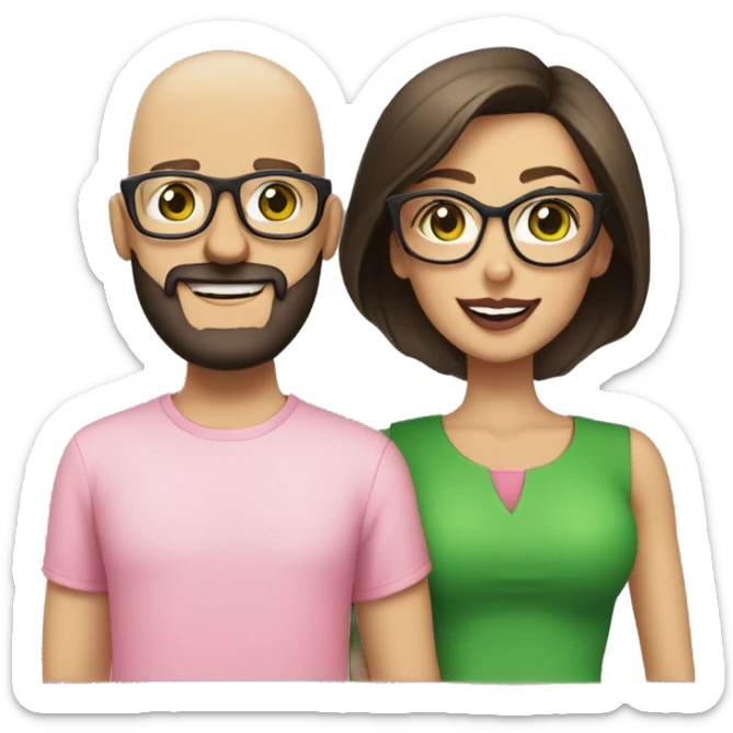 a couple, a brunette woman with green eyes, transparent pink-framed glasses with a black t-shirt and big lips next to a bald man, green eyes, beard, nice smile and cream blouse sticker