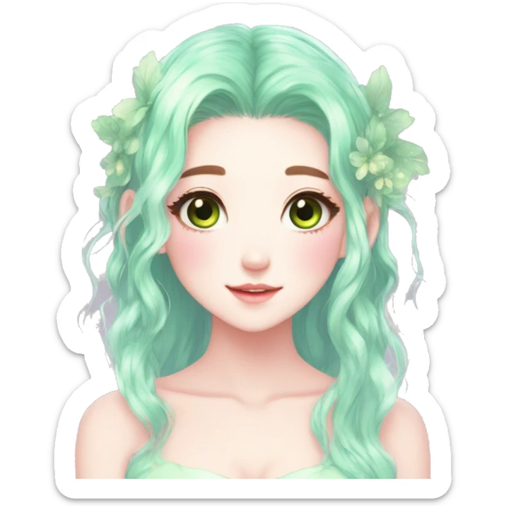 Gorgeous Beautiful Blushing Petite Pastel-Fairy-Anime-Green-Pastel-Girl with beautiful gradient pastel hair aesthetic sticker
