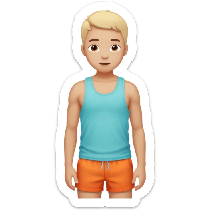 Emoji-style person in beach shorts with sunburned shoulders and chest, tank top outline, cute rounded features, soft shading, vibrant colors sticker