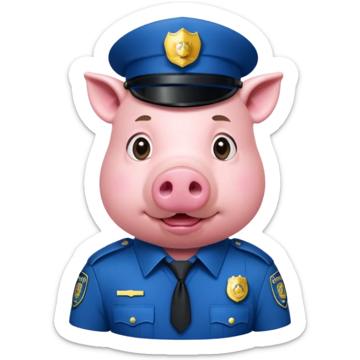 a pig, upright, in a police officer uniform, drooling, eyes looking to the bottom left sticker