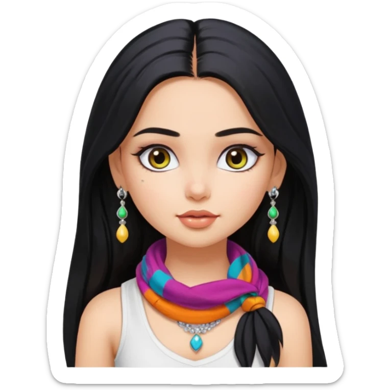 a pretty bratz girl with long black hair, kajal under eyes, small silver jhumkas. White tank top on. Colourful scarf around neck sticker