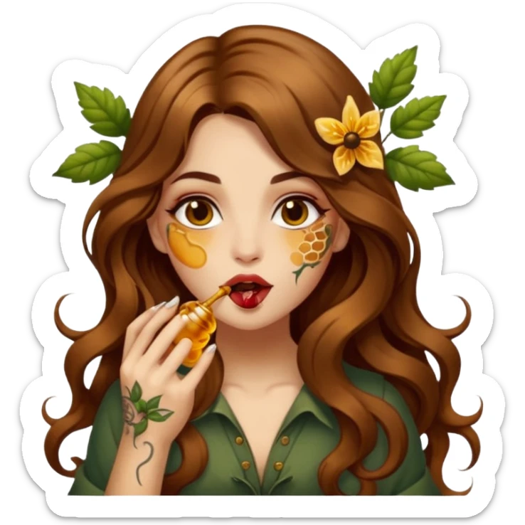 forest mystic woman long wavy brown hair tattoos licking honey from finger flirty sticker