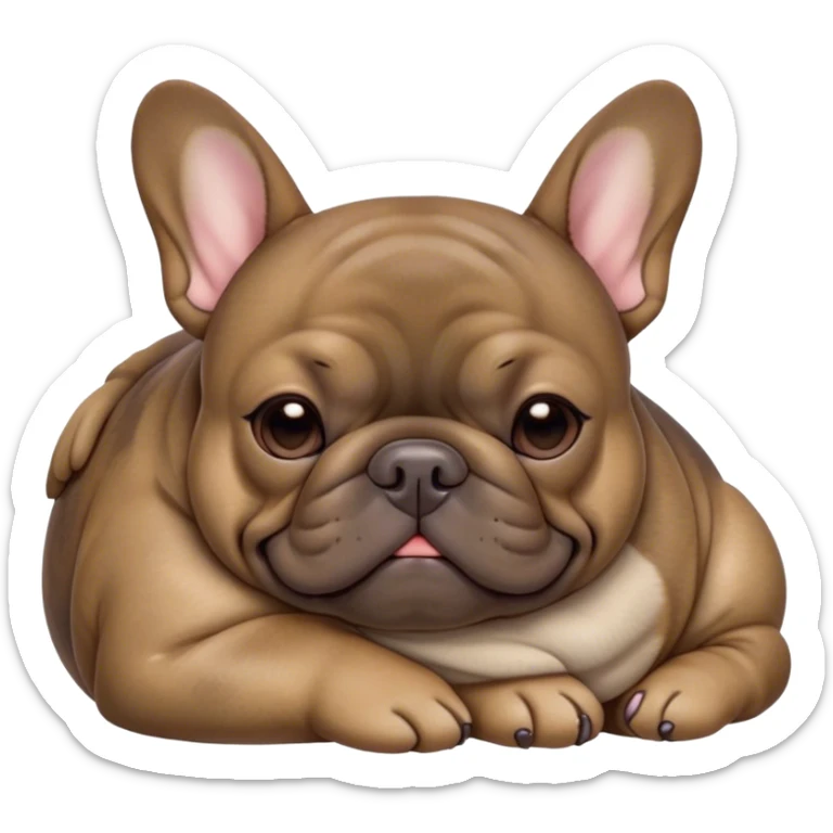 Cinematic Meme-Worthy Chubby Sleeping Brindle French Bulldog Portrait Emoji, Head resting peacefully with a contented smile, showcasing a delightfully chubby build and a luxuriously soft brindle coat with subtle fawn highlights, eyes shut in a serene nap, Simplified yet hilariously adorable features, highly detailed, glowing with a soft, drowsy light, high shine, relaxed and utterly lovable, stylized with an air of playful laziness, bright and heartwarming, soft glowing outline, capturing the essence of a comically sleepy companion, so meme-worthy it feels like it could instantly become the next viral sensation of adorable slumber! sticker