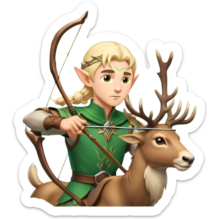 clash-of-clans-aesthetic-blond-male elf-archer-portrait-emoji, rendered in a flat, vector-style with minimal shading and bold holding his bow, simplified shapes, head tilted slightly forward with a determined, focused expression, riding a majestic stag whose antlers glow with mystical energy, set against an ancient, enchanted forest backdrop. sticker
