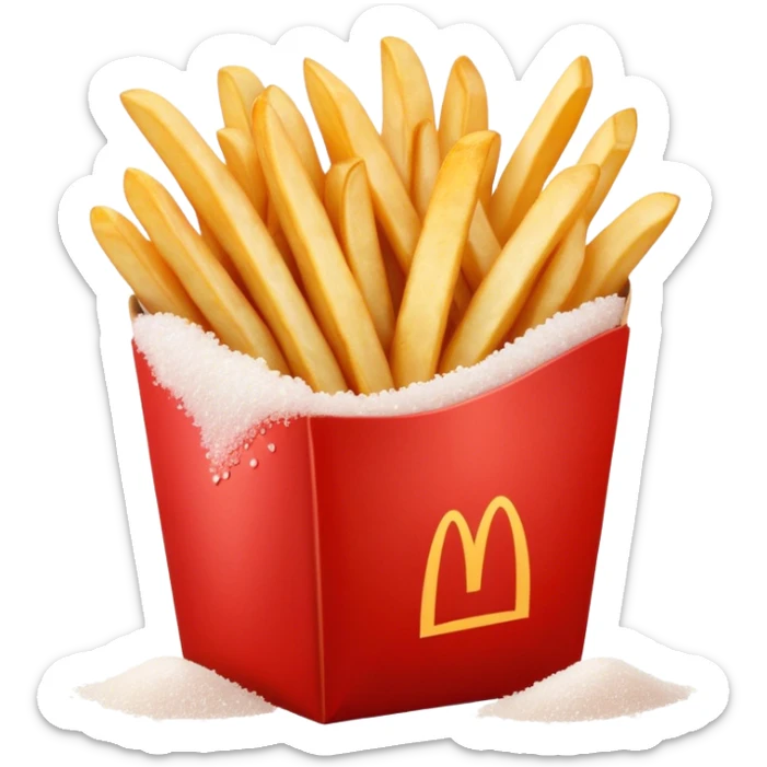 Cinematic crispy golden French fries, piled high, sprinkled with salt, served in a red carton, warm and inviting, rich golden hues, perfectly crunchy and delicious. sticker