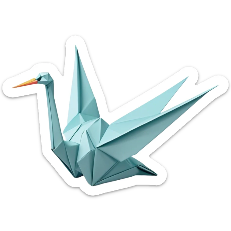 Cinematic Realistic Origami Crane Emoji, featuring a beautifully folded paper crane with crisp, delicate edges and intricate creases. The elegant structure casts soft shadows under warm, natural lighting, with a subtle texture of fine paper enhancing its serene and symbolic presence. sticker