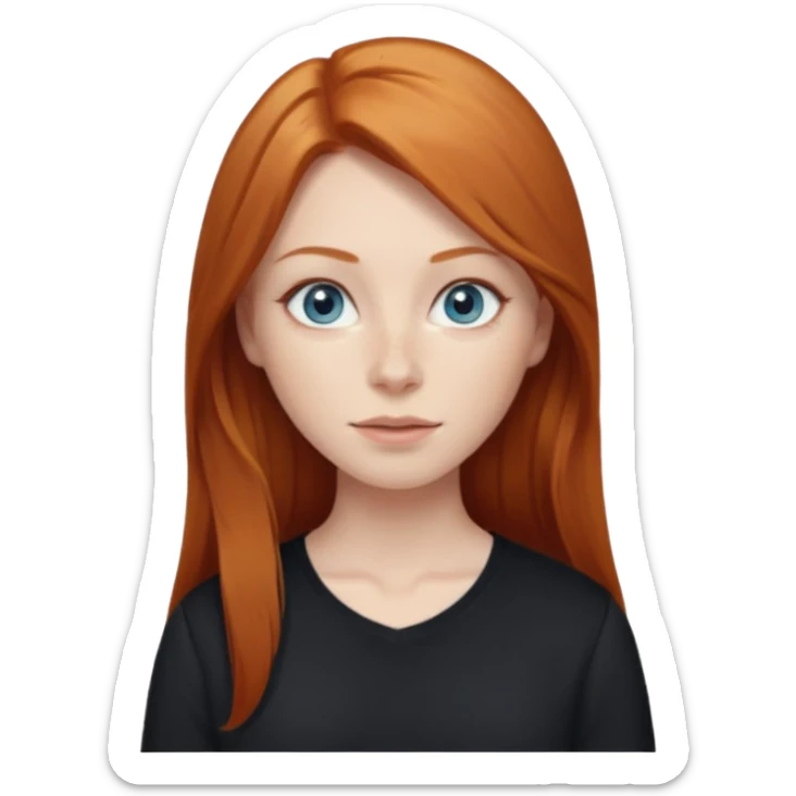 Ginger head woman with long hair and lightblue eyes, straight nose, almond eyes, black shirt,  sticker