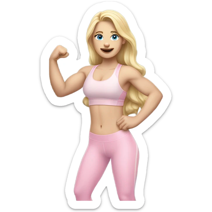 Woman, white skin, pale skin, long hair, blonde hair, blue eyes, wavy hair, baby pink sports bra, baby pink leggings, flexing one arm up sticker