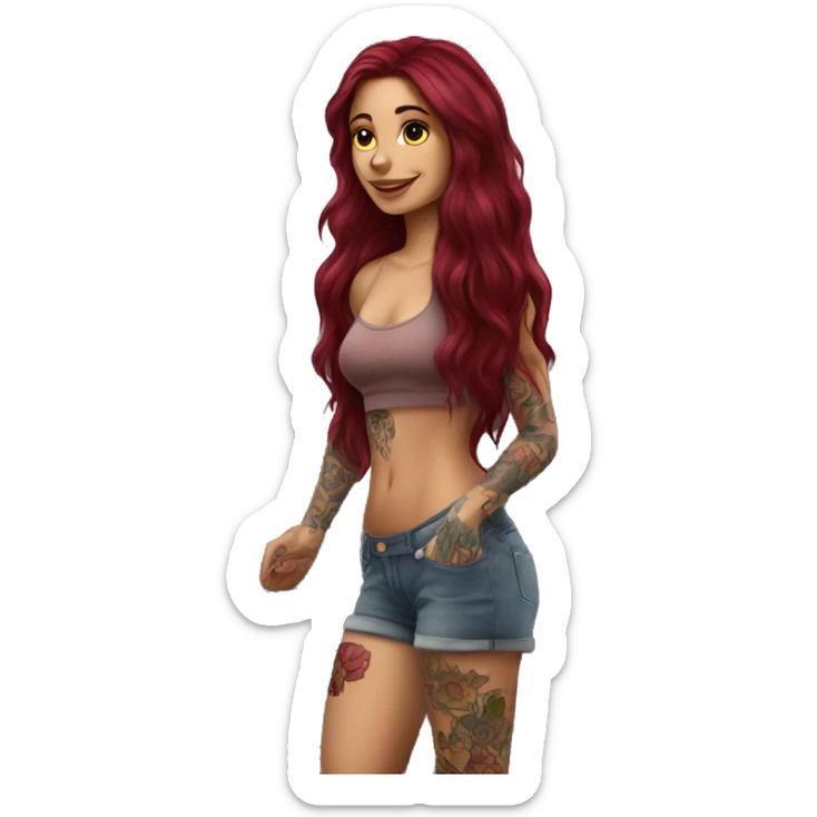 Beautiful tattooed burgundy long haired woman washing a car sticker