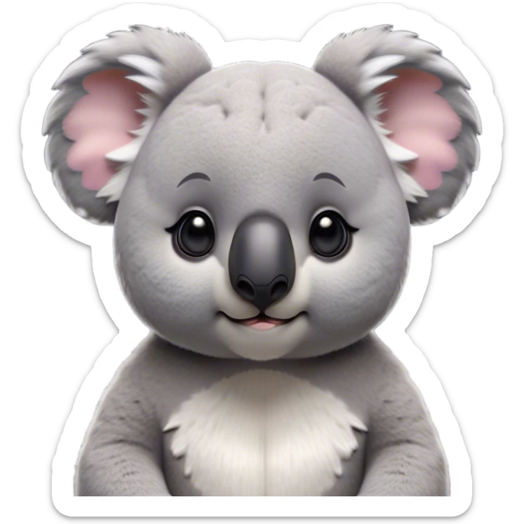 Cinematic Noble Koala Portrait Emoji, Poised and regal, with a stocky, cuddly build and a plush, well-groomed grey fur, large round ears and a distinctive big black nose, deep-set soulful dark eyes, Simplified yet sharp and sophisticated features, highly detailed, glowing with a soft, dignified glow, high shine, intelligent and gentle, stylized with an air of eucalyptus elegance, focused and attentive, soft glowing outline, capturing the essence of a watchful and confident marsupial, so majestic it feels as though it could climb out of the screen with effortless authority! sticker