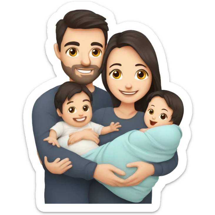 Happy white parents with dark hair with 1 newborn baby. Young parents and newborn son in hands. Mother, father holding infant together with love. Parenthood concept. Flat illustration isolated on white background. sticker