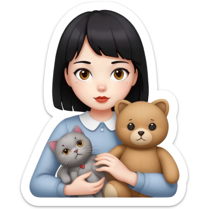 girl,drak eyes, red cheeks, black hair with a bang, white face, holding a British gray cat and a brown teddy bear sticker