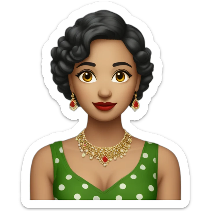 Beautiful Indian girl with light skin short hair bindi red lipstick wearing green low neck dress with polka dots sticker
