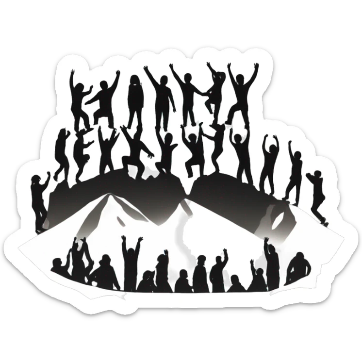 silhouettes of people on a mountain or elevated terrain. Some individuals are reaching out to help others climb up, symbolizing teamwork, support, or assistance. sticker