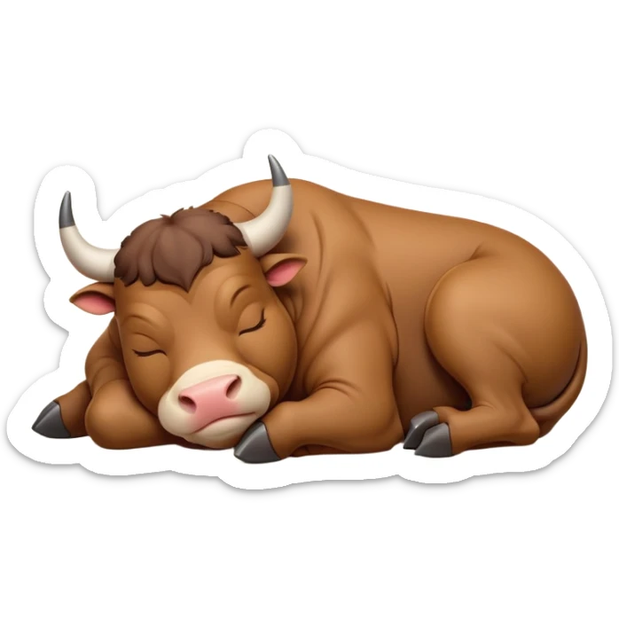 meme-worthy-cute-sleeping-domestic-bull-portrait-emoji,-head-resting-peacefully-with-a-contented-smile,-showcasing-a-robust,-muscular-build-and-a-luxuriously-soft-coat,-eyes-gently-closed-in-serene,-restful-slumber,-simplified,-solid-brown sticker