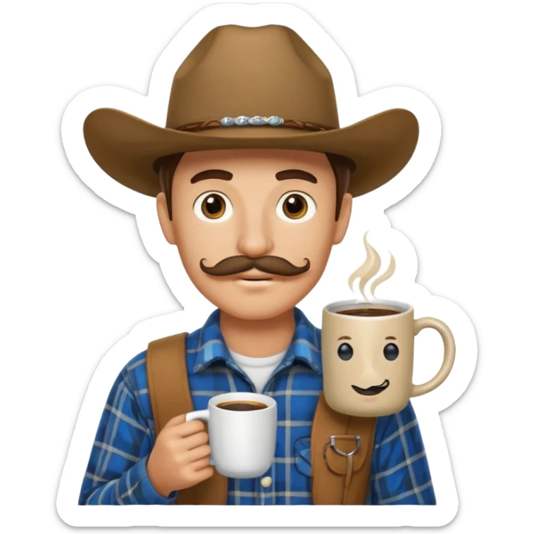 generate an ios genmoji of a 20 year old tan boy with a cowboy hat and horseshoe mustche. Wearing a flannel and carrying a coffee mug sticker