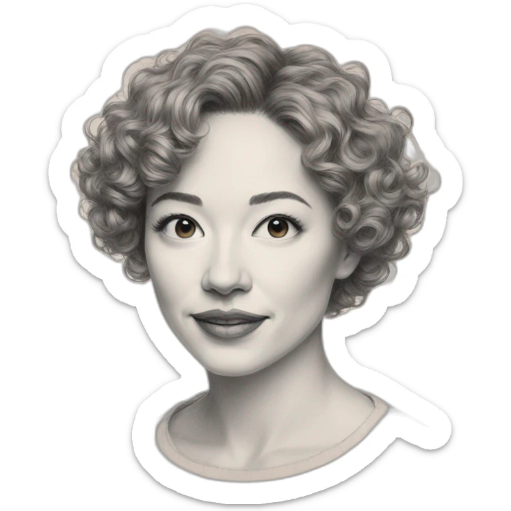 Drawing sketch of woman with short wavy hair on paper red crayon sticker