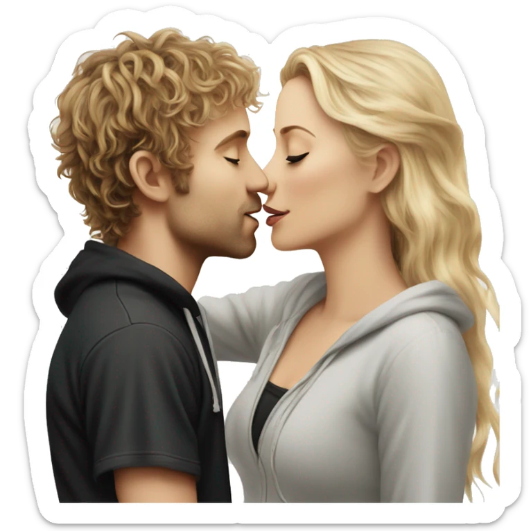 Pippin-hobbit wearing hoodie passionately kissing pretty blonde woman with black top sticker