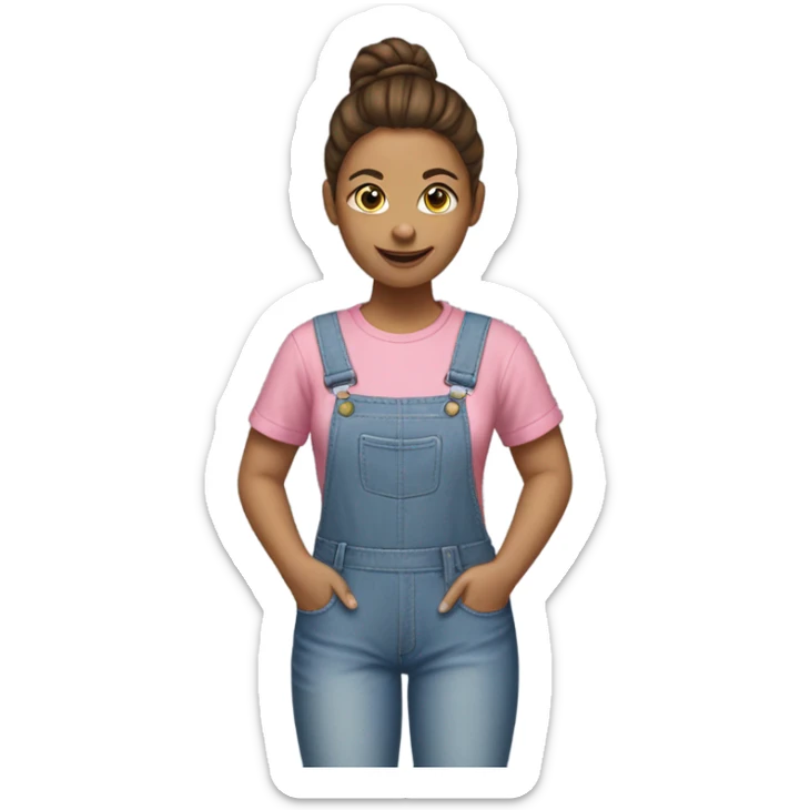 A white woman with brown hair in pony tail wearing white headband, pink t shirt and overalls  sticker