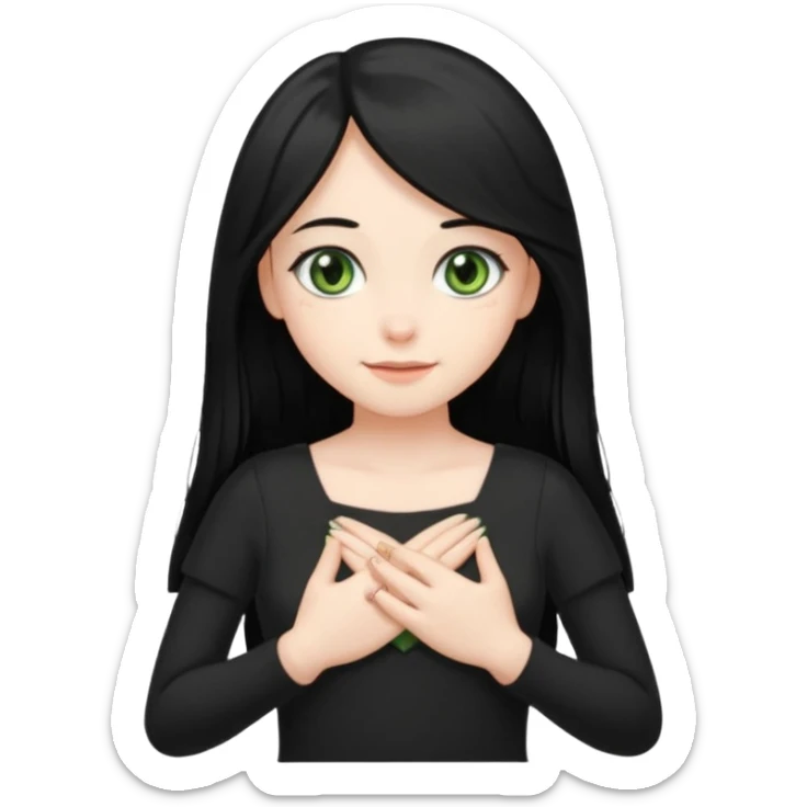 Pale girl with long black hair and olive green eyes soft smile wearing black dress and holding hands over her chest sticker