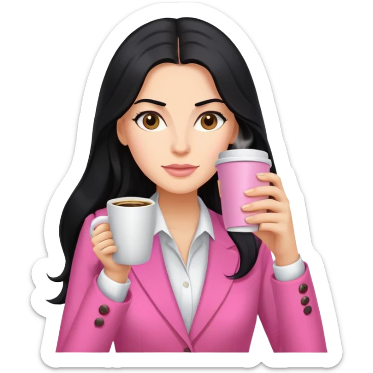 business dressing pink clothes woman  caucasian with a long black hair drinking coffee sticker