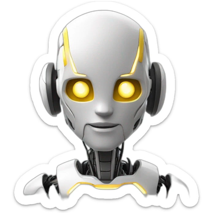Un robot humanoide con pelo blanco y luzes en su cabeza,ojos de pantalla y de color amarillo sticker