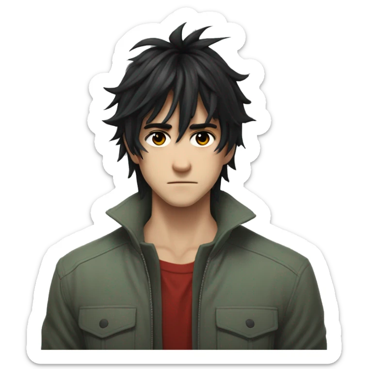 A man with messy black hair, long bangs covering his red right eye, and a gray-green left eye. His neutral expression, with a slight frown, gives off a serious, mysterious vibe. Full-body anime style, 8k realism LOVE hes white btw sticker