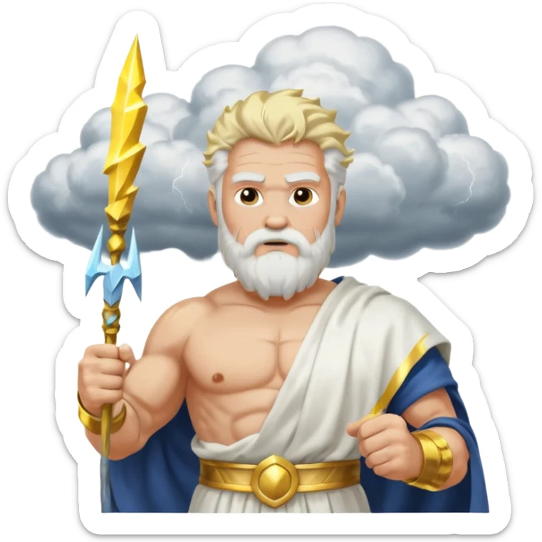 portrait of Zeus, muscular old man with white beard and hair, wearing white toga with gold trim, holding lightning bolt, standing on storm clouds sticker