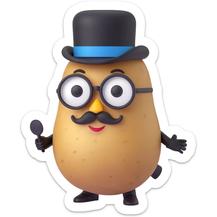 potato, not a person, with monocle, suit, and top hat, memoji-inspired, presidential candidate sticker