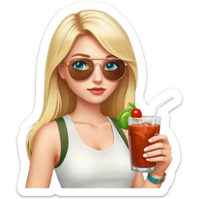 girl with long blond hair
with blue eyes
and aviator sunglasses
wearing white tank top 
holding bloody mary
wearing (rose gold apple watch with forest green band) sticker