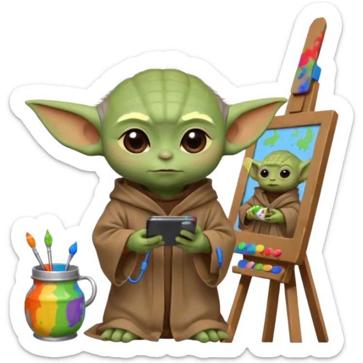 Baby Yoda in his brown robe listening music on his headphones, painting a picture on an easel and surrounded by paint pots. sticker