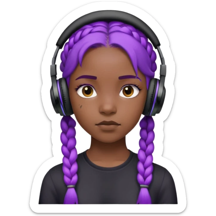 "- Nữ
- 15 tuổi
- Da đen
- Tóc tết, màu tím
- Mặt nghiêm túc
- Đeo tai nghe đen, áo đen
" sticker