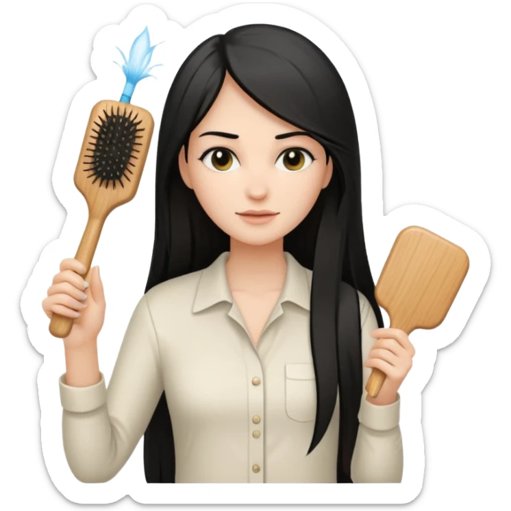 A white woman with long, straight black hair, wearing an ivory-colored shirt, holding a small square wooden paddle hairbrush in her left hand and spraying a hair mist bottle with her right hand toward her hair. sticker