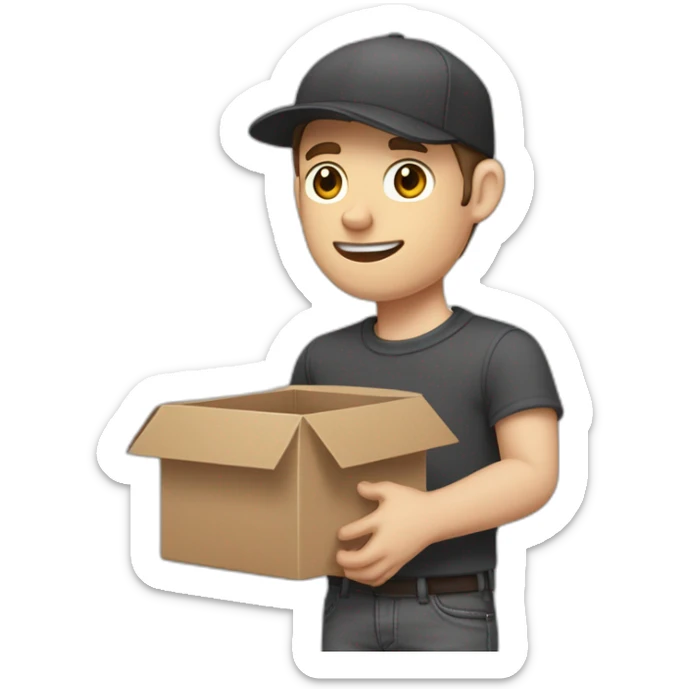 Pale skinned fit Man with dark brown hair in a black cap, gray jeans and brown polo T-shirt keeping a pasted with tape white box into his hands sticker
