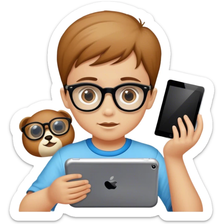 Fai un bambino biondino pallido occhi nocciola  con gli occhiali neri quadrati che gioco con il tablet sticker