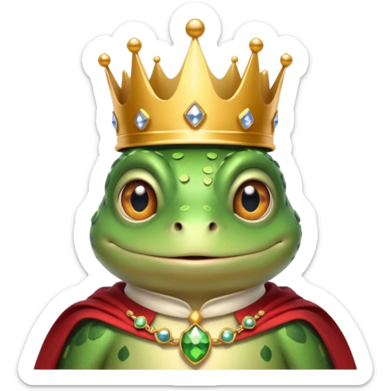 frog king portrait, head and shoulders only, small jeweled crown, royal cape collar, wise friendly eyes, fairy-tale vibe, 3D cartoon, mobile game icon style, clean background, no text, no watermark
 sticker