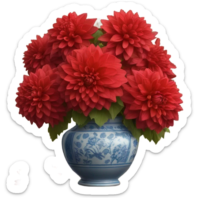 A Parisian-inspired setting with a bouquet of red dahlias in a ceramic vase sticker