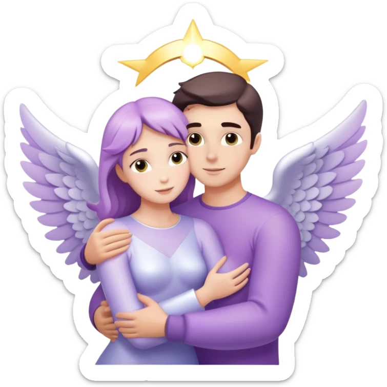 a pastel purple angel woman hugging White brunette man human rays of light sticker