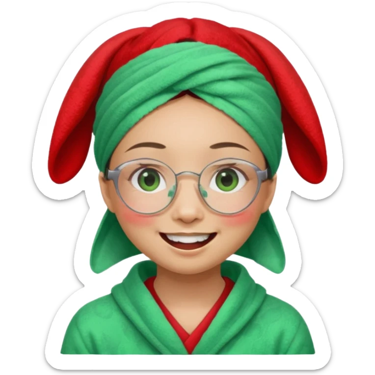 Asian woman wearing a green towel in her head with a broken glasses on her face in red pajamas her smile with rabbit front teeth and the cloth should be red sticker