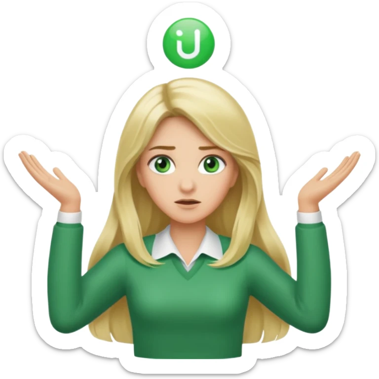 lady with long blonde hair, green eyes throwing arms in the as if confused sticker