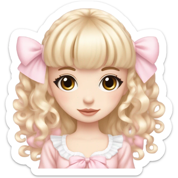 pale girl , who has curly medium length blonde and baby pink swirled hair with bangs , grey eyes , and doll like makeup , in a light pink lolita hime gyaru dress  sticker