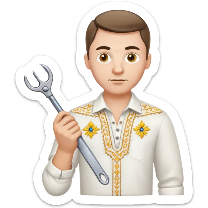 Ukrainian man in white embroidered traditional shirt holding a wrench in one hand and scissors in other hand sticker