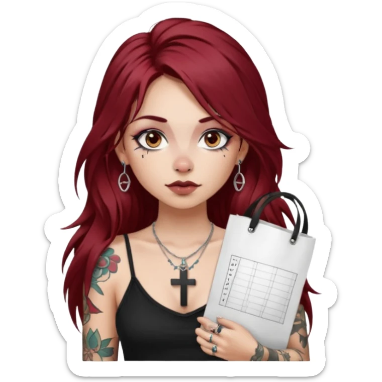 generate an ios genmoji of a fair girl with long dark red messy hair with eyeliner on her eyes.  septum piercing, wearing a cami black top, has tattoos, on shoulders. ear piercings. wearing a cross silver necklace. carrying a tote bag on her shoulders with chart paper peeking out. sticker