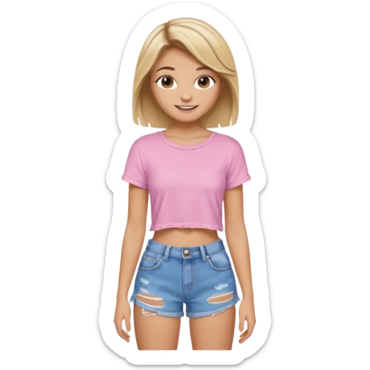 preppy teen girl, tan, blonde highlights, brown hair, long eyelashes, beach aesthetic, wearing cute clothes, sexy, wearing ripped blue baggy jeans with a light pink crop top, a little revealing  sticker