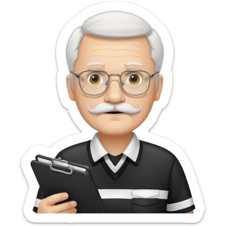 An old stern white hair and mustache, wear glasses referee with a clipboard, monitoring players closely. sticker