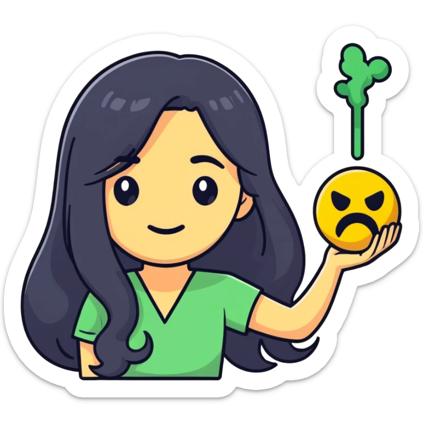 A woman with long black hair holding a toxic emoji sticker