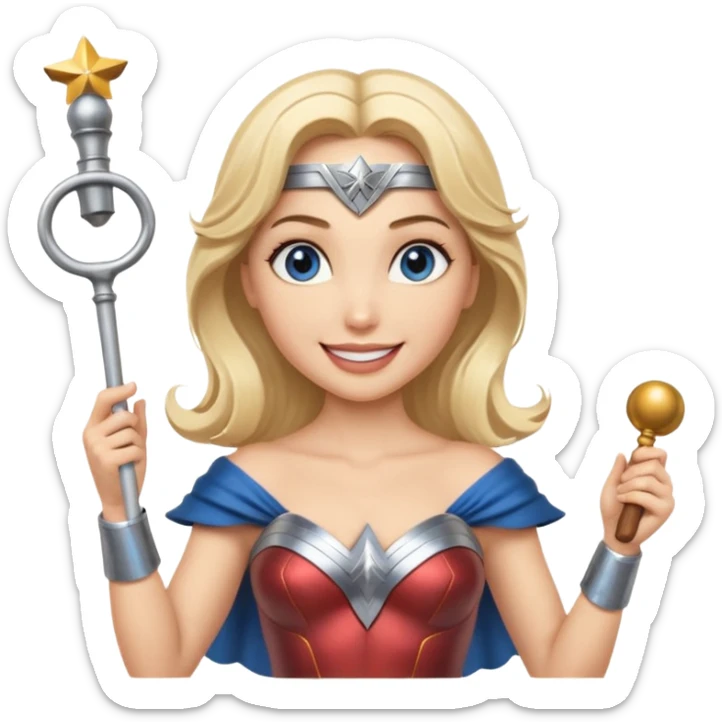 Blonde blue eyed Wonder Woman holding white orchestra conductor’s baton and bell  sticker