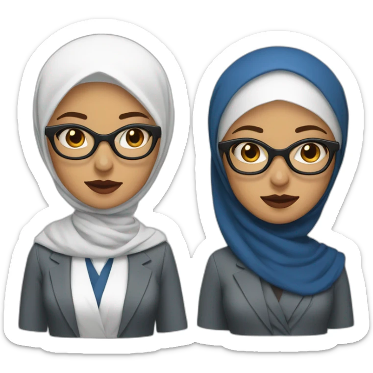 Hijabi white woman with glasses and dark brown eyes wearing a blue suit and red lipstick sticker