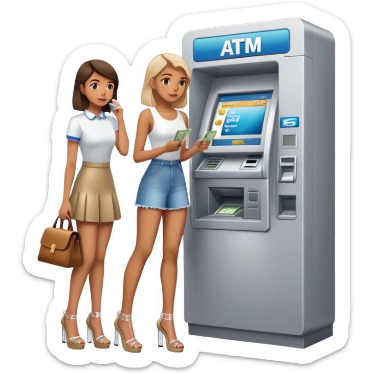 girl wearing clear platform heels, girl waiting beside one atm, with a man taking money out  sticker