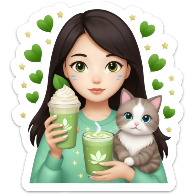 asian girl with shoart dark brown hair with a soft girl glowup aesthetic. matcha latte sparkles girly things, 2 ragdoll cats, skincare, makeup sticker